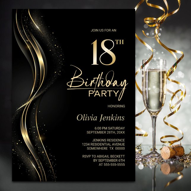 Invitación Elegante fiesta de cumpleaños 18 en negro y oro (Subido por el creador)