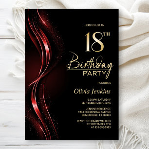 Invitación Elegante fiesta de cumpleaños 18 en negro y rojo