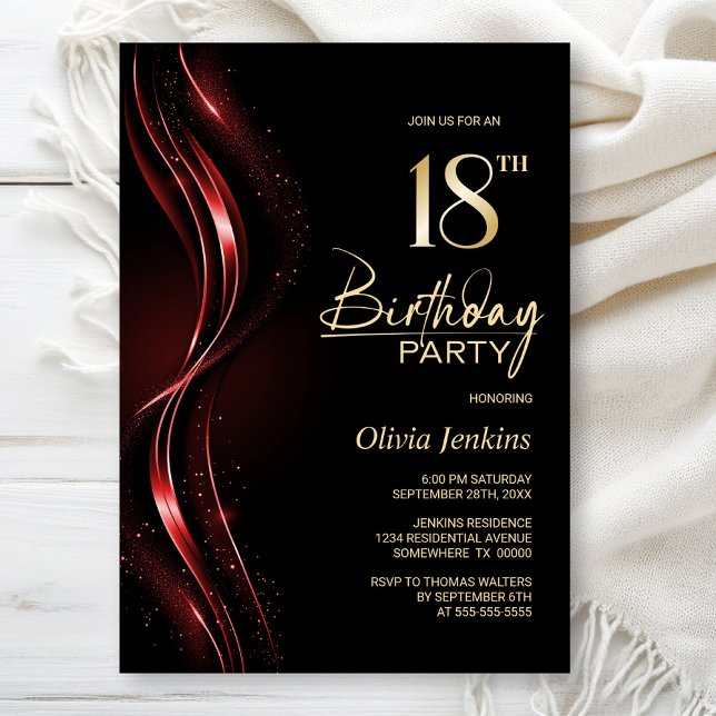 Invitación Elegante fiesta de cumpleaños 18 en negro y rojo (Subido por el creador)