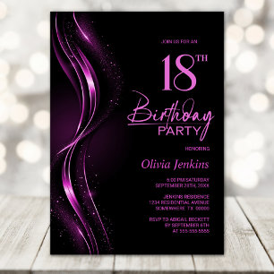 Invitación Elegante fiesta de cumpleaños 18 en negro y rosa