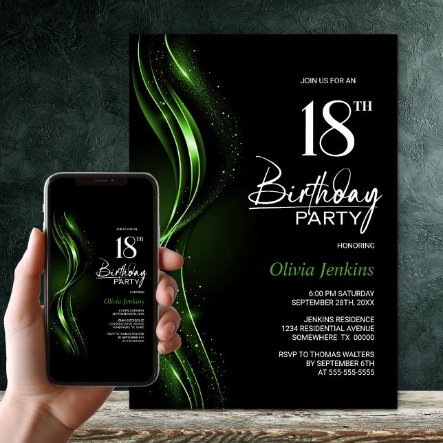 Invitación Elegante fiesta de cumpleaños 18 en negro y verde (Subido por el creador)
