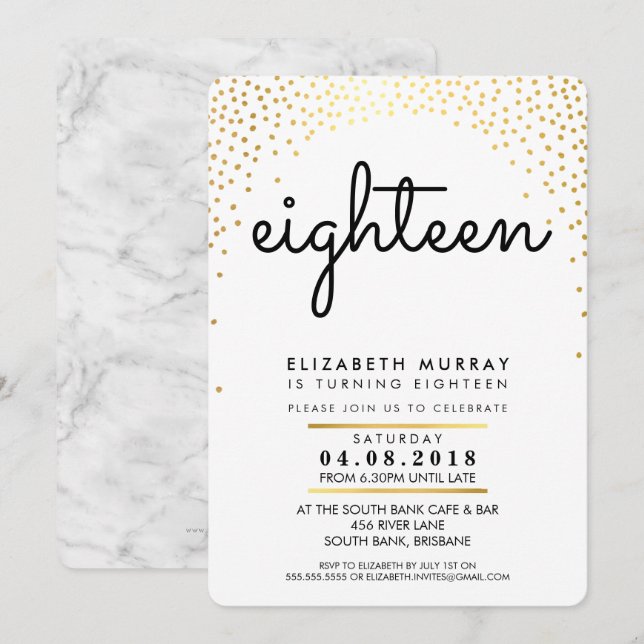 Invitación ELEGANTE fiesta de cumpleaños 18 INVITE Gold Conet (Anverso / Reverso)