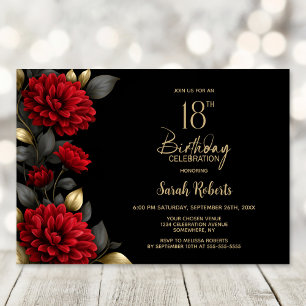Invitación Elegante Fiesta de Cumpleaños 18 Rojo Floral Negro