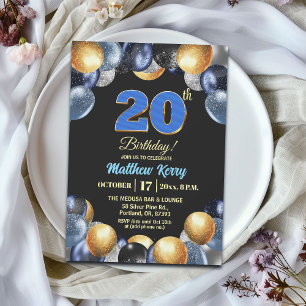 Invitación Elegante Fiesta de Cumpleaños 20 Azul Plateado Dor
