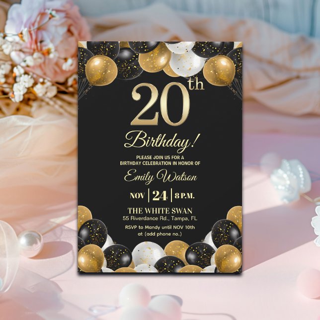 Invitación Elegante fiesta de cumpleaños 20 con brillo de oro (Subido por el creador)