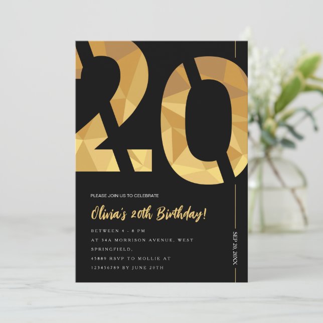 Invitación Elegante fiesta de cumpleaños 20 en negro y oro (Anverso de pie)