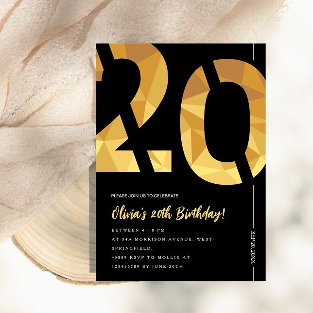 Invitación Elegante fiesta de cumpleaños 20 en negro y oro (Subido por el creador)