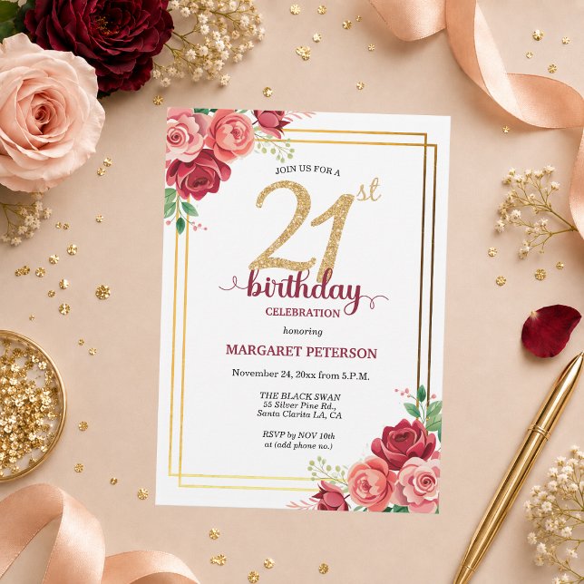 Invitación Elegante Fiesta de Cumpleaños 21 con Flores y Dora (Subido por el creador)