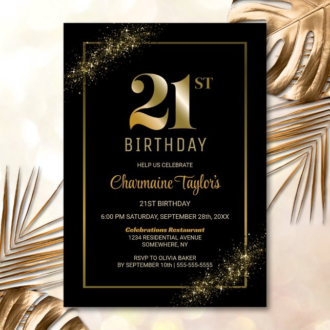 Invitación Elegante Fiesta de cumpleaños 21 de oro negro (Subido por el creador)