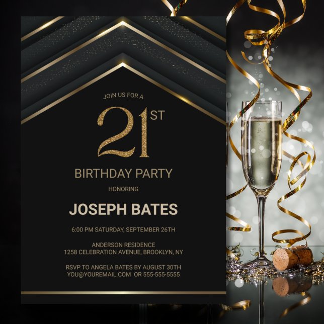 Invitación Elegante Fiesta de cumpleaños 21 de oro negro (Subido por el creador)