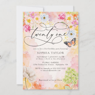 Invitación Elegante fiesta de cumpleaños 21 floral acuarela p