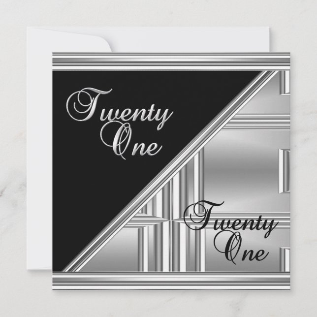 Invitación Elegante fiesta de cumpleaños 21 negro plata Deco (Anverso)