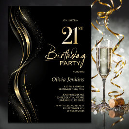 Invitación Elegante Fiesta de cumpleaños 21 negro y oro