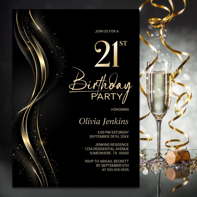 Invitación Elegante Fiesta de cumpleaños 21 negro y oro (Subido por el creador)