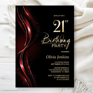 Invitación Elegante Fiesta de cumpleaños 21 negro y rojo