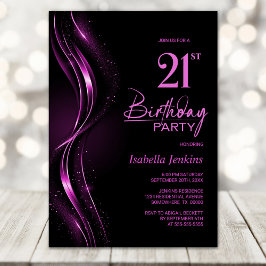 Invitación Elegante Fiesta de cumpleaños 21 negro y rosa