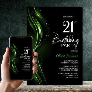 Invitación Elegante Fiesta de cumpleaños 21 negro y verde