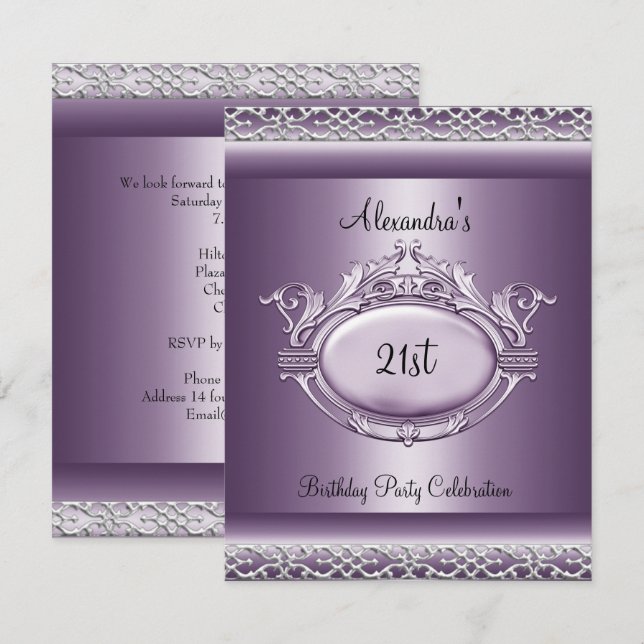 Invitación Elegante fiesta de cumpleaños 21 Satin Morado Malv (Anverso / Reverso)