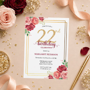 Invitación Elegante Fiesta de Cumpleaños 22 con Rubor Floral