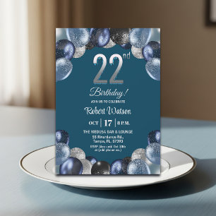 Invitación Elegante Fiesta de Cumpleaños 22 en Azul y Plata