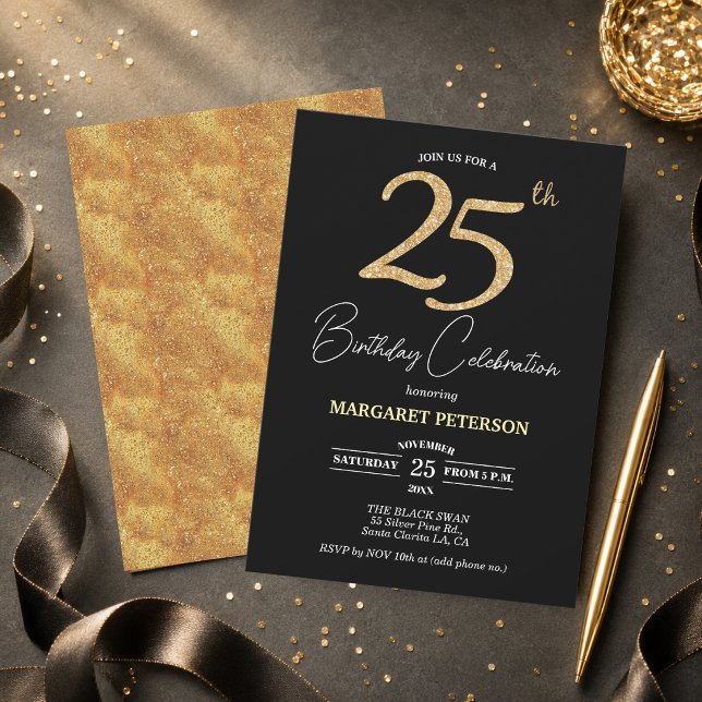 Invitación Elegante fiesta de cumpleaños 25 con brillo de oro (Subido por el creador)