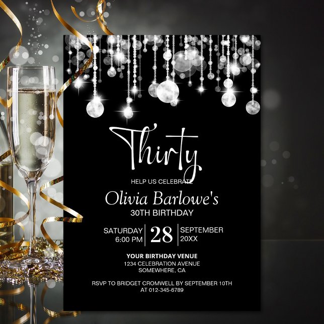 Invitación Elegante Fiesta de cumpleaños 30 blanco negro (Subido por el creador)