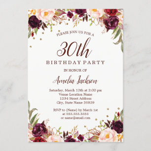 Invitación Elegante Fiesta de Cumpleaños 30 Burgundy Floral D