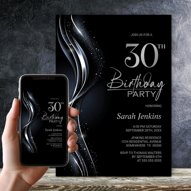 Invitación Elegante Fiesta de cumpleaños 30 negro y plateado (Subido por el creador)