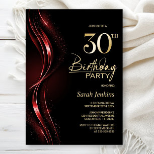Invitación Elegante Fiesta de cumpleaños 30 negro y rojo