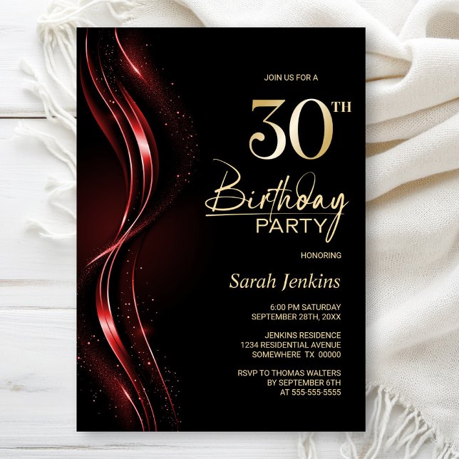 Invitación Elegante Fiesta de cumpleaños 30 negro y rojo (Subido por el creador)