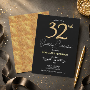 Invitación Elegante Fiesta de Cumpleaños 32 en Negro y Dorado