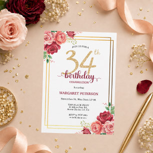 Invitación Elegante Fiesta de Cumpleaños 34 Floral Dorado