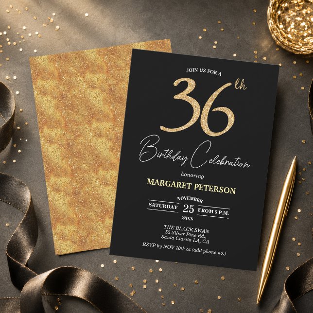 Invitación Elegante Fiesta de Cumpleaños 36 con Brillo de Oro (Subido por el creador)
