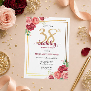 Invitación Elegante Fiesta de Cumpleaños 38 Floral Dorado