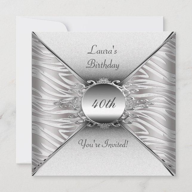 Invitación Elegante Fiesta de Cumpleaños 40 Blancos Plata (Anverso)