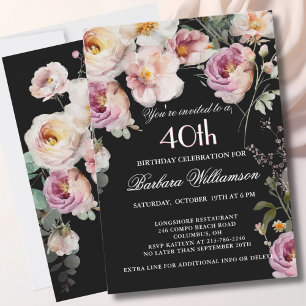 Invitación Elegante Fiesta de Cumpleaños 40 con Flores Pintad