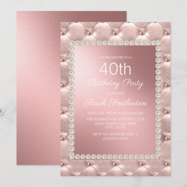 Invitación Elegante Fiesta de cumpleaños 40 de Rubor Rosa Ros (Anverso / Reverso)