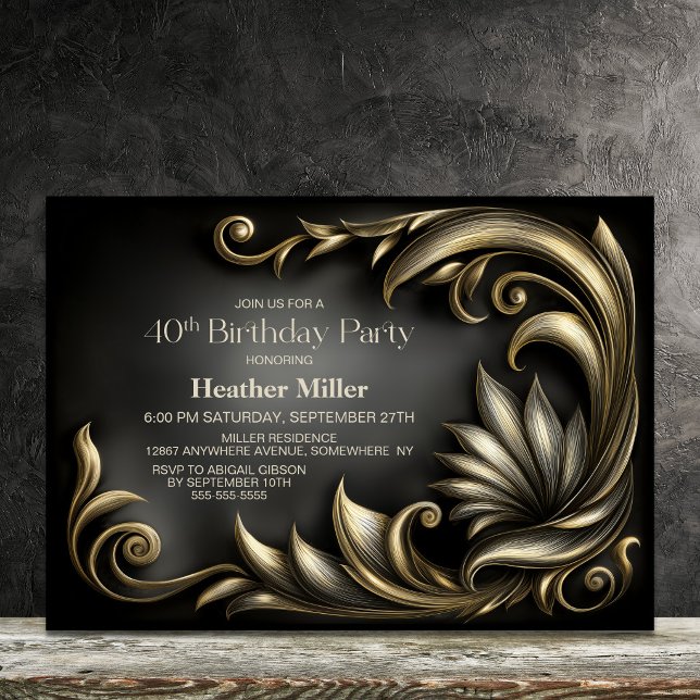 Invitación Elegante Fiesta de Cumpleaños 40 en Negro y Dorado (Subido por el creador)