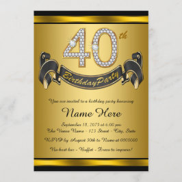 Invitación Elegante Fiesta de Cumpleaños 40 en Negro y Oro