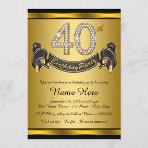 Invitación Elegante Fiesta de Cumpleaños 40 en Negro y Oro