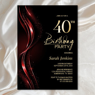 Invitación Elegante Fiesta de cumpleaños 40 negro y rojo