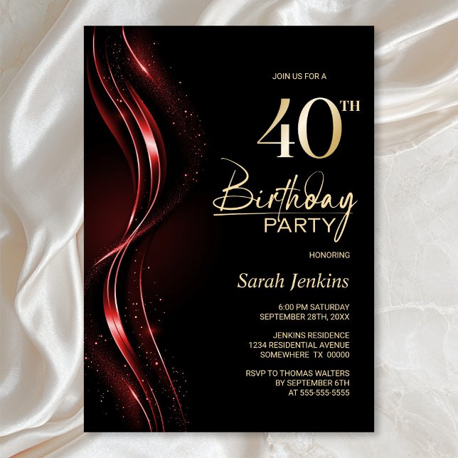 Invitación Elegante Fiesta de cumpleaños 40 negro y rojo (Subido por el creador)