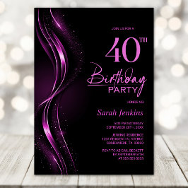 Invitación Elegante Fiesta de cumpleaños 40 negro y rosa