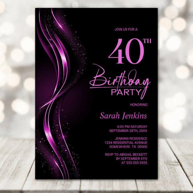 Invitación Elegante Fiesta de cumpleaños 40 negro y rosa (Subido por el creador)