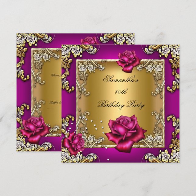 Invitación Elegante fiesta de cumpleaños 40 Pink Rose Gold (Anverso / Reverso)
