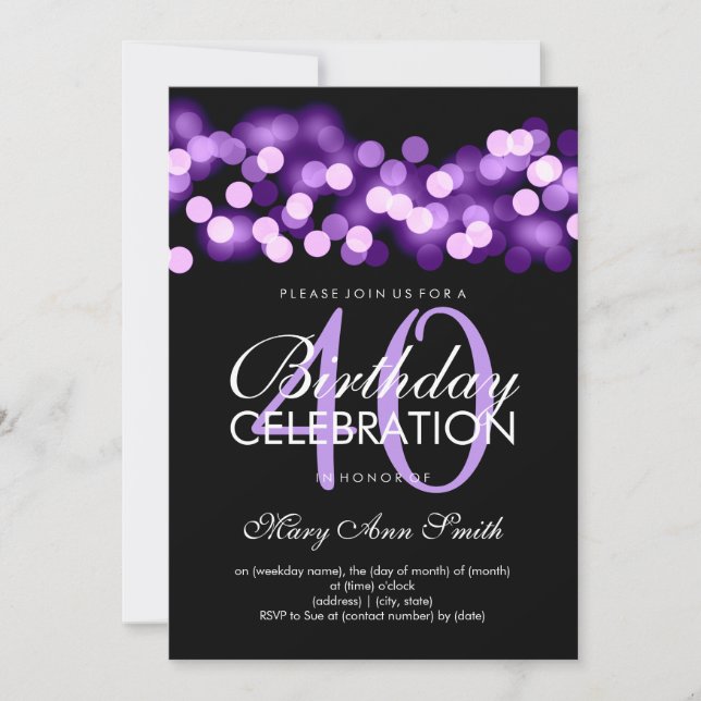 Invitación Elegante Fiesta de cumpleaños 40 Purple Hollywood  (Anverso)