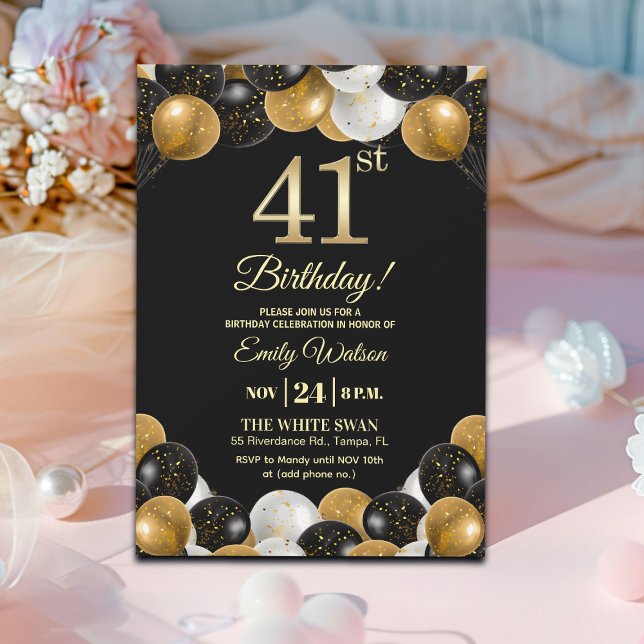 Invitación Elegante fiesta de cumpleaños 41 con brillo de oro (Subido por el creador)