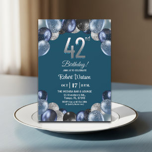 Invitación Elegante Fiesta de Cumpleaños 42 con Brillo Azul y