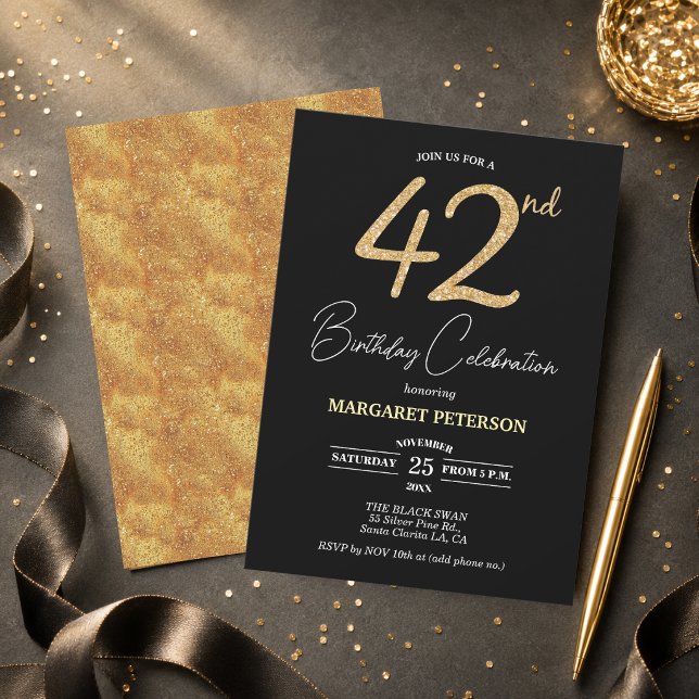 Invitación Elegante Fiesta de Cumpleaños 42 con Brillo de Oro (Subido por el creador)