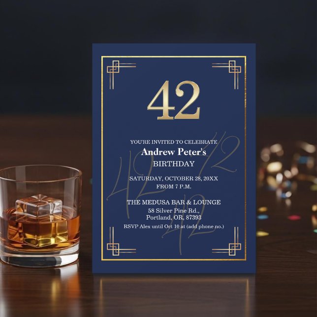 Invitación Elegante Fiesta de Cumpleaños 42 en Azul Dorado (Subido por el creador)